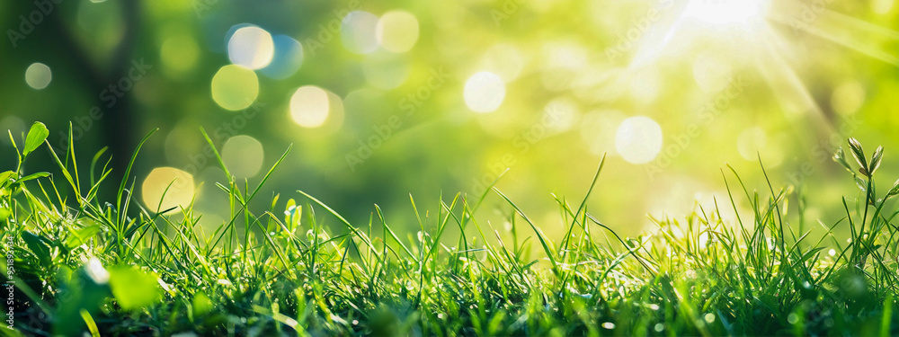 Hermoso fondo primaveral con luz solar y prado de hierba verde. Escena de naturaleza soleada con efecto bokeh, espacio para copiar texto, diseño de pancarta. Paisaje primaveral con hierba fresca en el