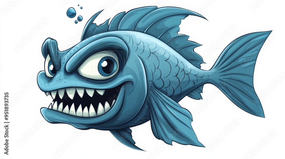 Fototapeta premium Cartoon Fish with Sharp Teeth and Big Eyes.