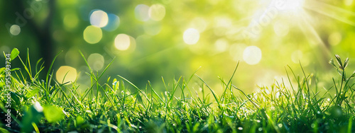 Obraz na płótnie Hermoso fondo primaveral con luz solar y prado de hierba verde. Escena de naturaleza soleada con efecto bokeh, espacio para copiar texto, diseño de pancarta. Paisaje primaveral con hierba fresca en el w salonie