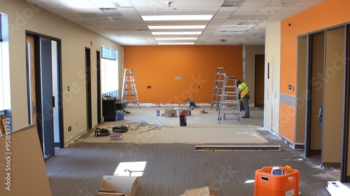 An indoor construction site showcasing renovation work with ladders, paint buckets, and an orange accent wall.