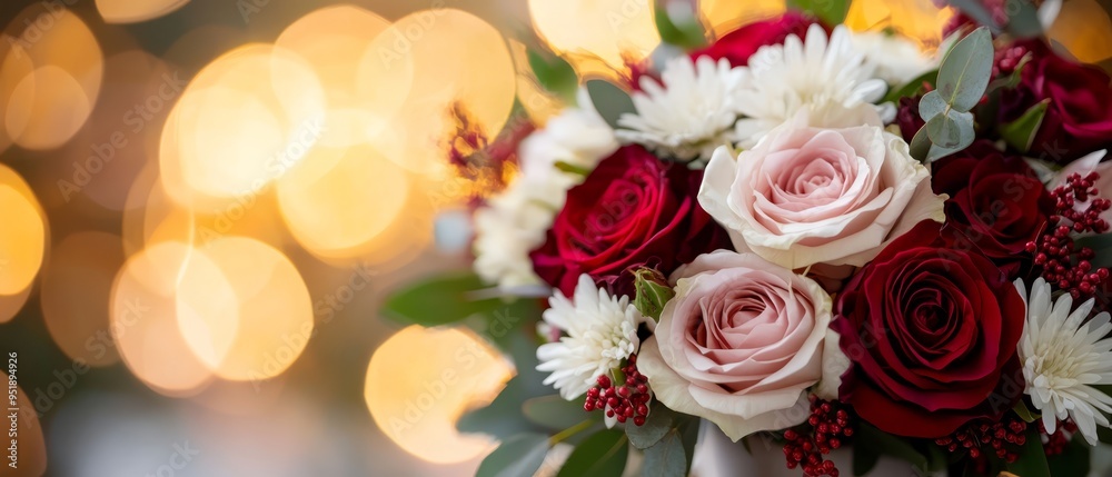 A bouquet of red and white flowers in front of a backdrop of bright lights A bouquet of red and white flowers in front of a backdrop of bright lights