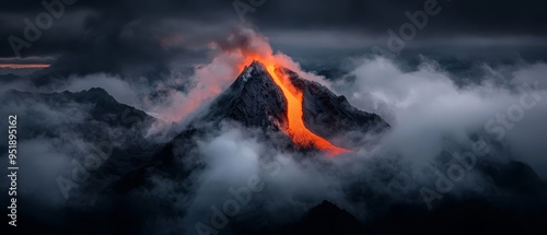  A volcano erupts, spewing lava into the dark sky, interspersed with ominous clouds