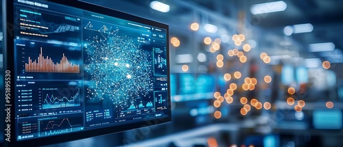 A digital dashboard in a logistics center showing real-time optimization of workflows, delivery coordination, and software integration for seamless operations