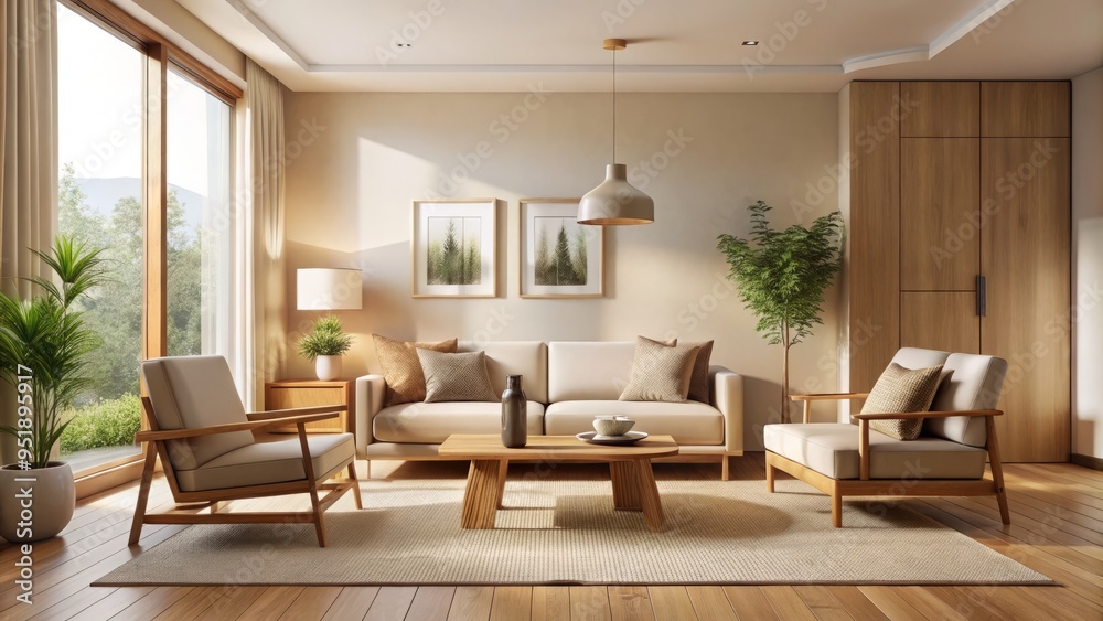 Fototapeta premium Neutral Tones Sanctuary: Soft cream walls, sleek low-profile furniture, subtle wood accents, and minimalist decor, evoking serenity and calmness, with warm natural light and subtle shadows.