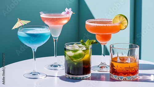 Composition with five glasses of drinks photo