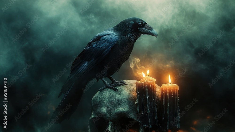 Fototapeta premium A dark, atmospheric scene featuring a raven perched on a skull beside melting candles, evoking a sense of mystery and the macabre.