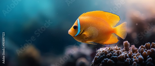  A yellow fish sporting a blue stripe on its head swims in the water, nearby corals dot the scene photo