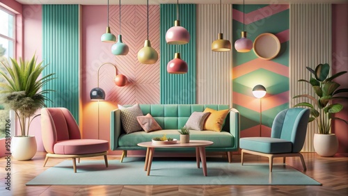 Retro-futuristic velvety textures, curved lines, Memphis-inspired patterns, pastel hues, and funky lamps, evoking nostalgia and playfulness, with warm, soft focus, and subtle grain. photo