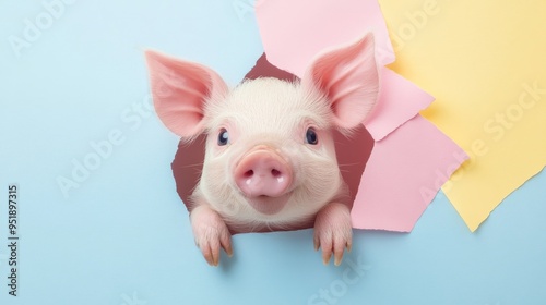 Wallpaper Mural Pink Piglet Peeking Through Hole in Pastel Paper. Torontodigital.ca