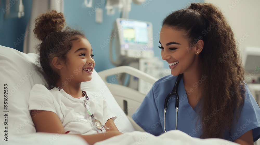 Obraz premium Nurse conversation with a young patient in bed at the hospital