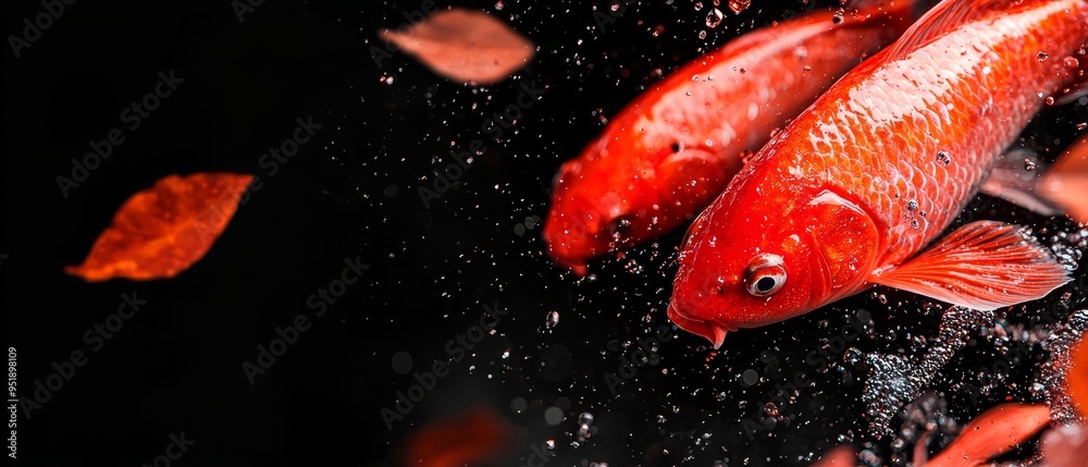 A tight shot of two fish in a water body, surrounded by submerged leaves, against a black backdrop A tight shot of two fish in a water body, surrounded by submerged leaves, against a black backdrop