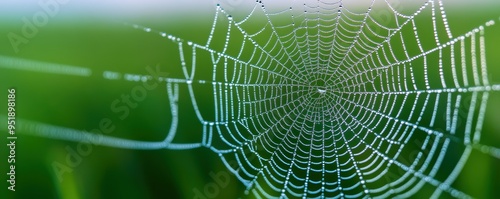 Close-up of a spider web adorned with delicate dewdrops, set against a vibrant green background on a misty morning.