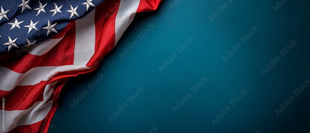 A tight shot of an American flag against a blue backdrop, ideal for text or image placement on a T-shirt A tight shot of an American flag against a blue backdrop, ideal for text or image placement on a T-shirt