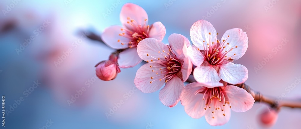 A tight shot of a pink bloom on a tree branch against a backdrop of a blue sky A tight shot of a pink bloom on a tree branch against a backdrop of a blue sky