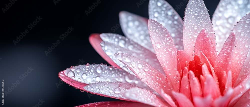 A pink and white flower with dewdrops on its petals against a black backdrop A pink and white flower with dewdrops on its petals against a black backdrop