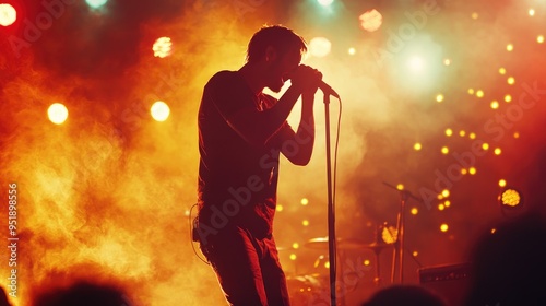 Silhouetted singer performing on stage with a microphone in front of warm lights and smoke.