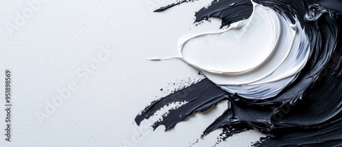  A tight shot of contrasting white and black paint on a pristine white wall, featuring a heart-shaped object centrally positioned photo