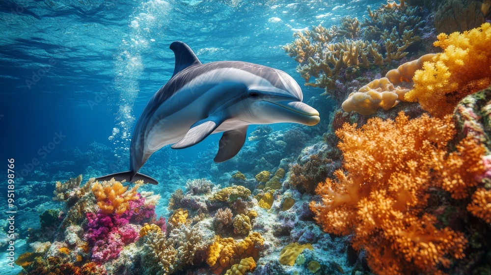 Obraz premium Dolphin swimming through a coral reef.
