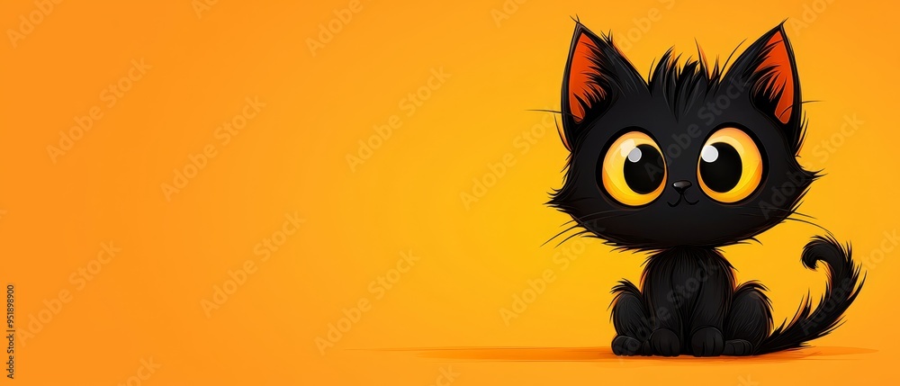 Black cat with large, expressive eyes on a sunny yellow backdrop, gazing sadly at the camera Black cat with large, expressive eyes on a sunny yellow backdrop, gazing sadly at the camera