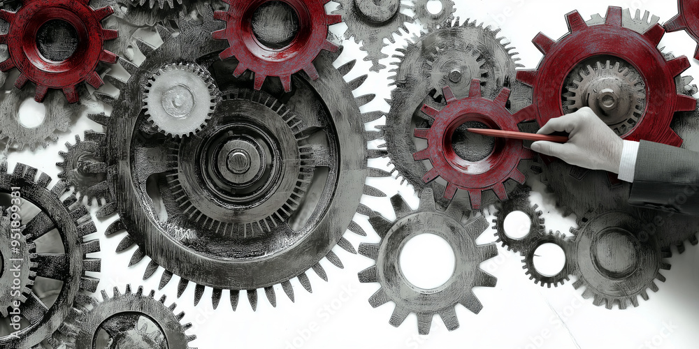 A collection of gears of different sizes and shades in red and grey, with a hand inserting a red pencil into one of the gears. Gears symbolize precision and interconnectedness. AI generated. A collection of gears of different sizes and shades in red and grey, with a hand inserting a red pencil into one of the gears. Gears symbolize precision and interconnectedness. AI generated.