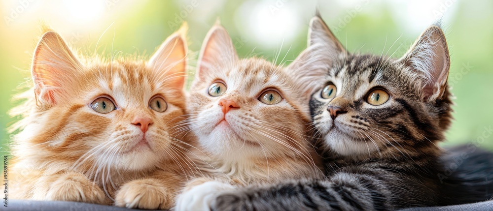 Three kittens lie together on a couch One gazes at the camera Three kittens lie together on a couch One gazes at the camera