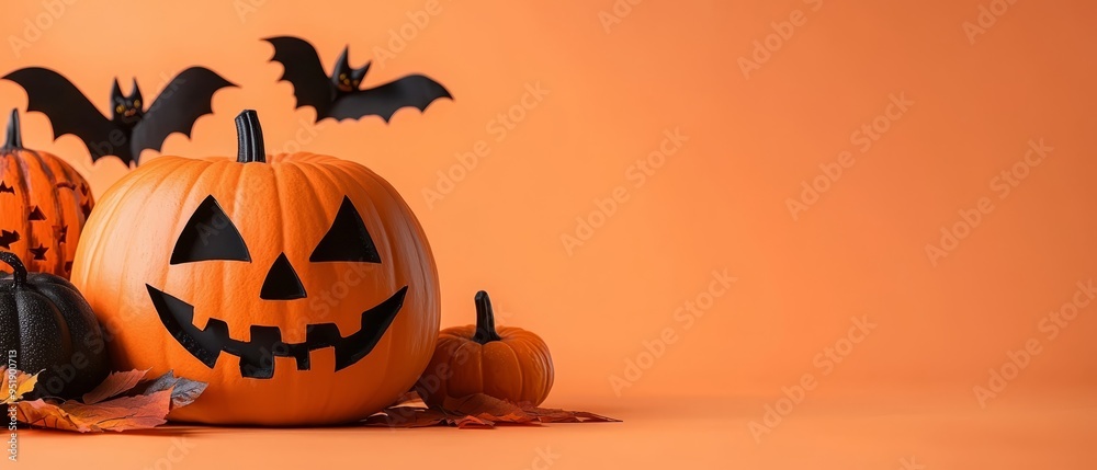  A table holds a collection of pumpkins, a bat, and a jack-o-lantern
