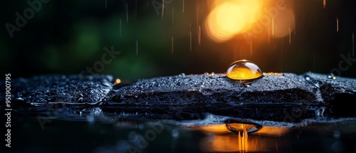  A drop atop rock, amidst puddle's expanse, glows beneath radiant light photo