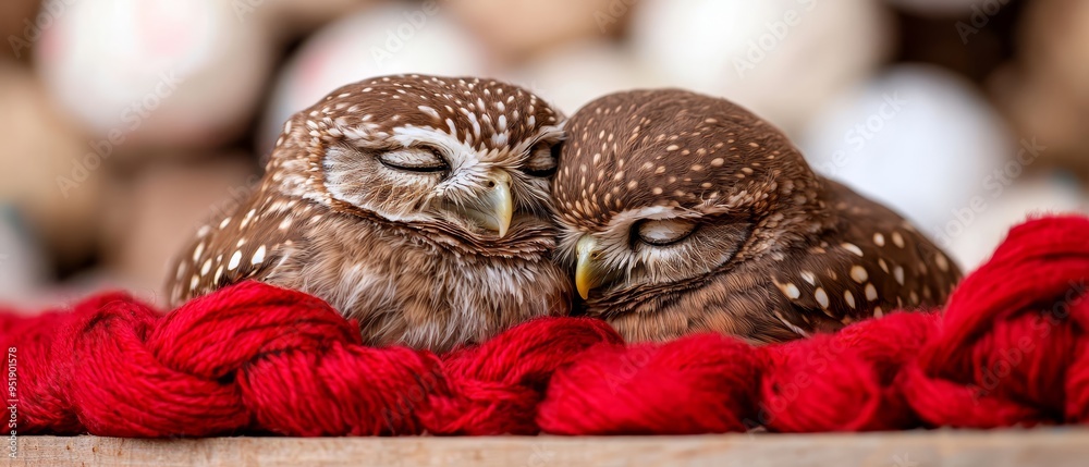 Two owls perched side by side on a mound of red yarn skeins Two owls perched side by side on a mound of red yarn skeins