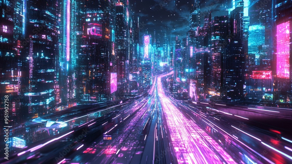 A stunning futuristic cityscape at night featuring tall, illuminated skyscrapers adorned with bright neon lights and digital billboards. The sky is dark with a sprinkling of stars, adding to the vibra A stunning futuristic cityscape at night featuring tall, illuminated skyscrapers adorned with bright neon lights and digital billboards. The sky is dark with a sprinkling of stars, adding to the vibra