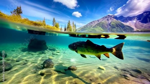 Clear lake in nature with transparent water, fish swimming underwater