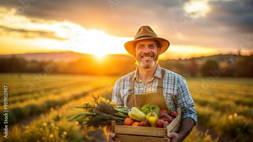 Warm sunny autumn day, harvested field, farmer with a wooden box full of ripe bright vegetables and fruits