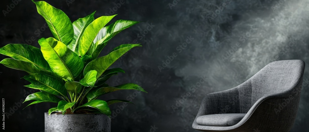  A chair positioned next to a potted plant, both in front of a dark wall Light emanates from behind the wall