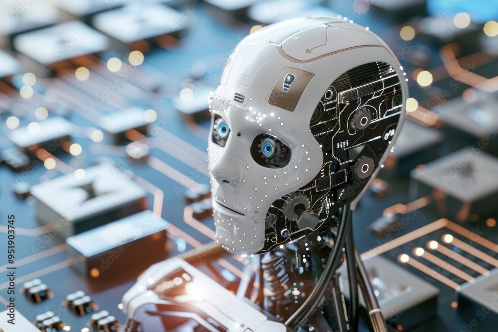 Fototapeta premium White and black robot head over circuit board is analyzing data in a technological background