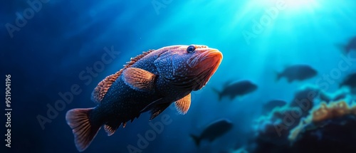  A tight shot of a fish swimming in a densely populated school within its body of water photo