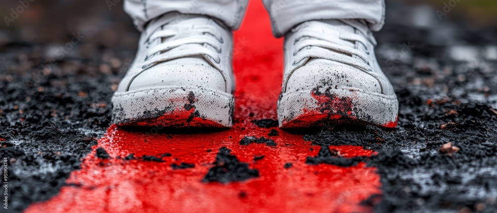 A tight shot of two pristine white sneakers against a contrasting backdrop of red and black Dirt marks speckle the shoe soles' underbellies A tight shot of two pristine white sneakers against a contrasting backdrop of red and black Dirt marks speckle the shoe soles' underbellies