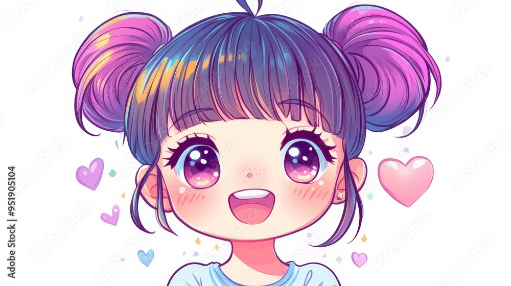 Cute Anime Girl with Hearts and Sparkle Illustration.