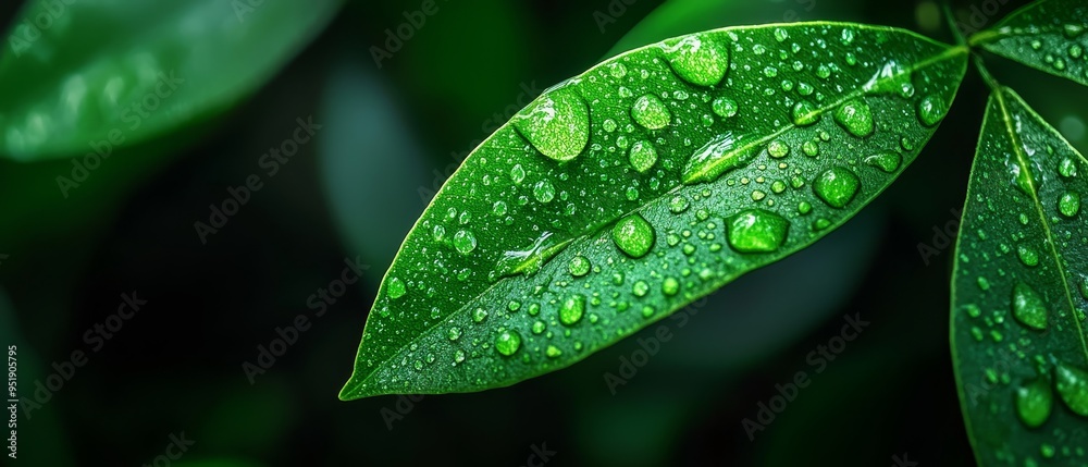 Close-up of a green leaf dotted with water droplets, against a backdrop of lush green foliage Close-up of a green leaf dotted with water droplets, against a backdrop of lush green foliage
