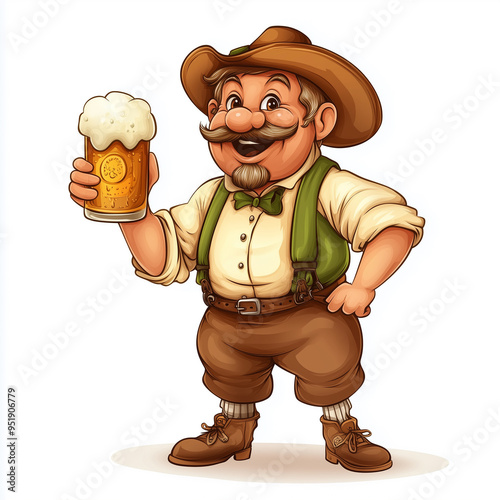 Illustration, german in traditional bavarian clothing with a beer pull, mug, isolated on white. Design element for German oktoberfest festival during autumn. Design element for poster, publicity.