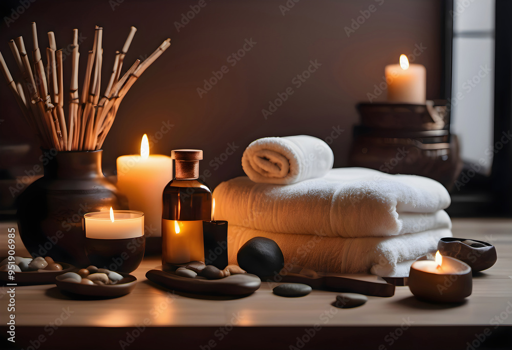 Neatly folded clean towels lie on a wooden table, stones, massage oil and incense sticks Neatly folded clean towels lie on a wooden table, stones, massage oil and incense sticks