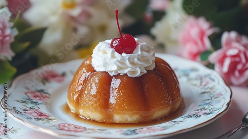 Baba au rhum soaked in rum syrup, topped with whipped cream and a cherry, on a vintage plate with a floral backdrop photo