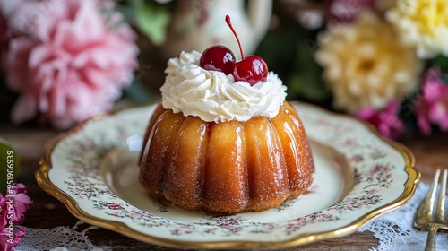 Baba au rhum soaked in rum syrup, topped with whipped cream and a cherry, on a vintage plate with a floral backdrop photo