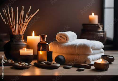 Neatly folded clean towels lie on a wooden table, stones, massage oil and incense sticks