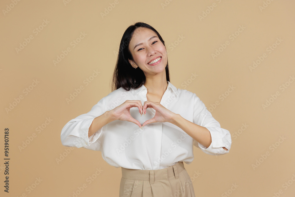 Smiling Woman Forming Heart Shape with Hands, Beige Background Smiling Woman Forming Heart Shape with Hands, Beige Background
