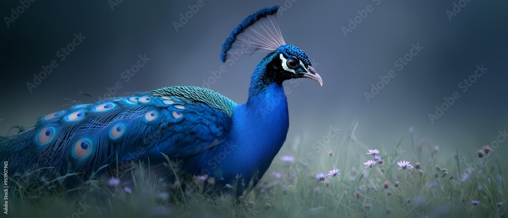 A close-up of a peacock in a field of grass with a blue jay perched on its head A close-up of a peacock in a field of grass with a blue jay perched on its head