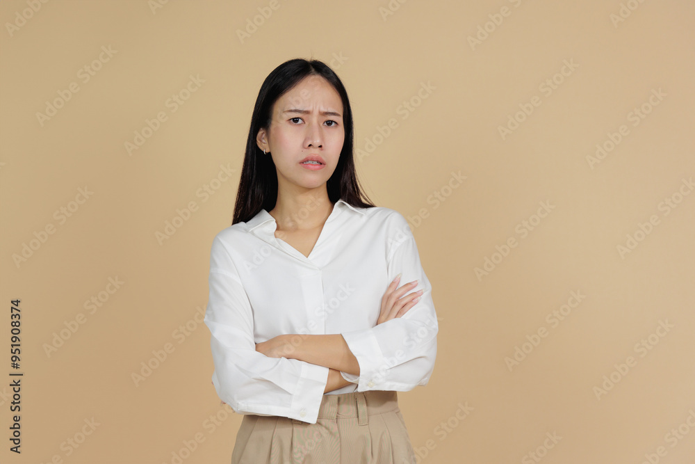 Serious Woman with Arms Crossed, Beige Background Serious Woman with Arms Crossed, Beige Background