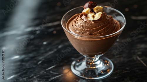 Gianduja chocolate mousse with a hazelnut garnish, served in a glass cup with a sleek modern backdrop photo