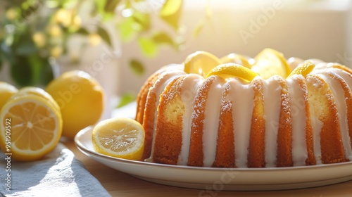 Italian lemon ricotta cake with a drizzle of lemon glaze, served on a ceramic plate with a bright, sunny backdrop photo