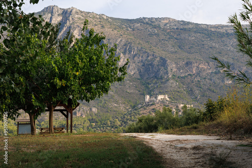 Paisaje con los merenderos de el área recreativa del río Serpis en la localidad de Lorcha, España photo