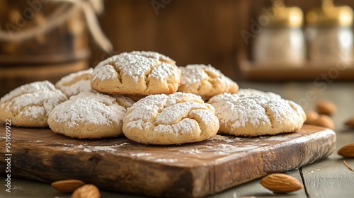 Italian ricciarelli almond cookies, arranged on a rustic wooden board with a soft focus kitchen backdrop photo