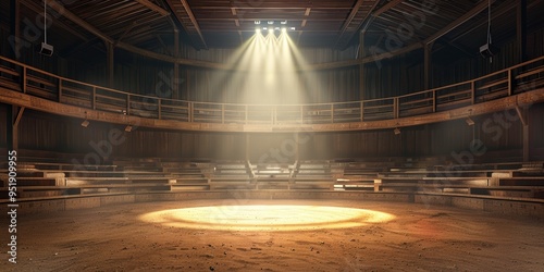 A breathtaking rodeo arena with empty bleachers illuminated by a spotlight during an early evening performance preparation photo